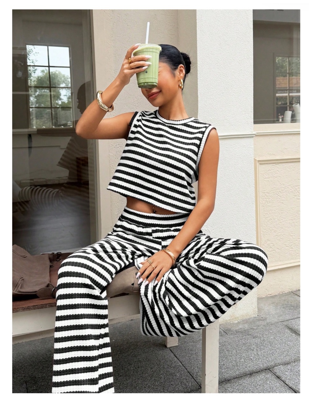 Black & White Striped Knit Wide-Leg Lounge Pants